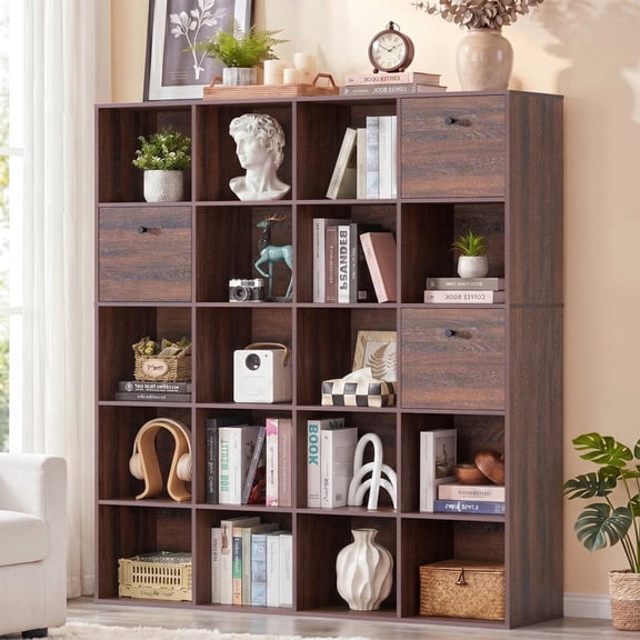 58.5" H Modular Storage Organizer with Fabric Drawers 20 Cube Walnut Bookcase Room Divider Individual
