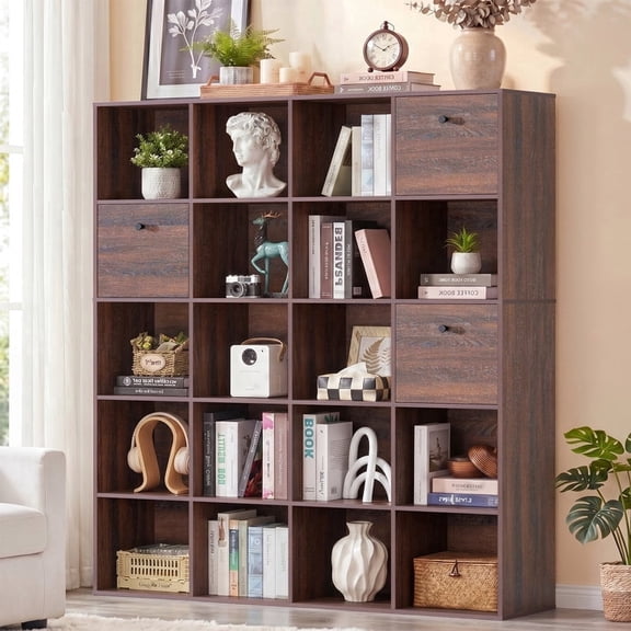 58.5" H Modular Storage Organizer with Fabric Drawers 20 Cube Walnut Bookcase Room Divider Individual