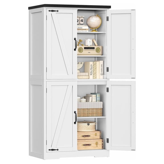 58.5 Inch 4 Door Pantry Cabinet White Farmhouse Kitchen Storage Unit with 5 Tiers