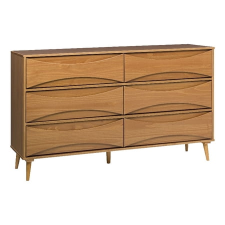 58" 6-Drawer Solid Wood Dresser with Curved Front Detail - Caramel
