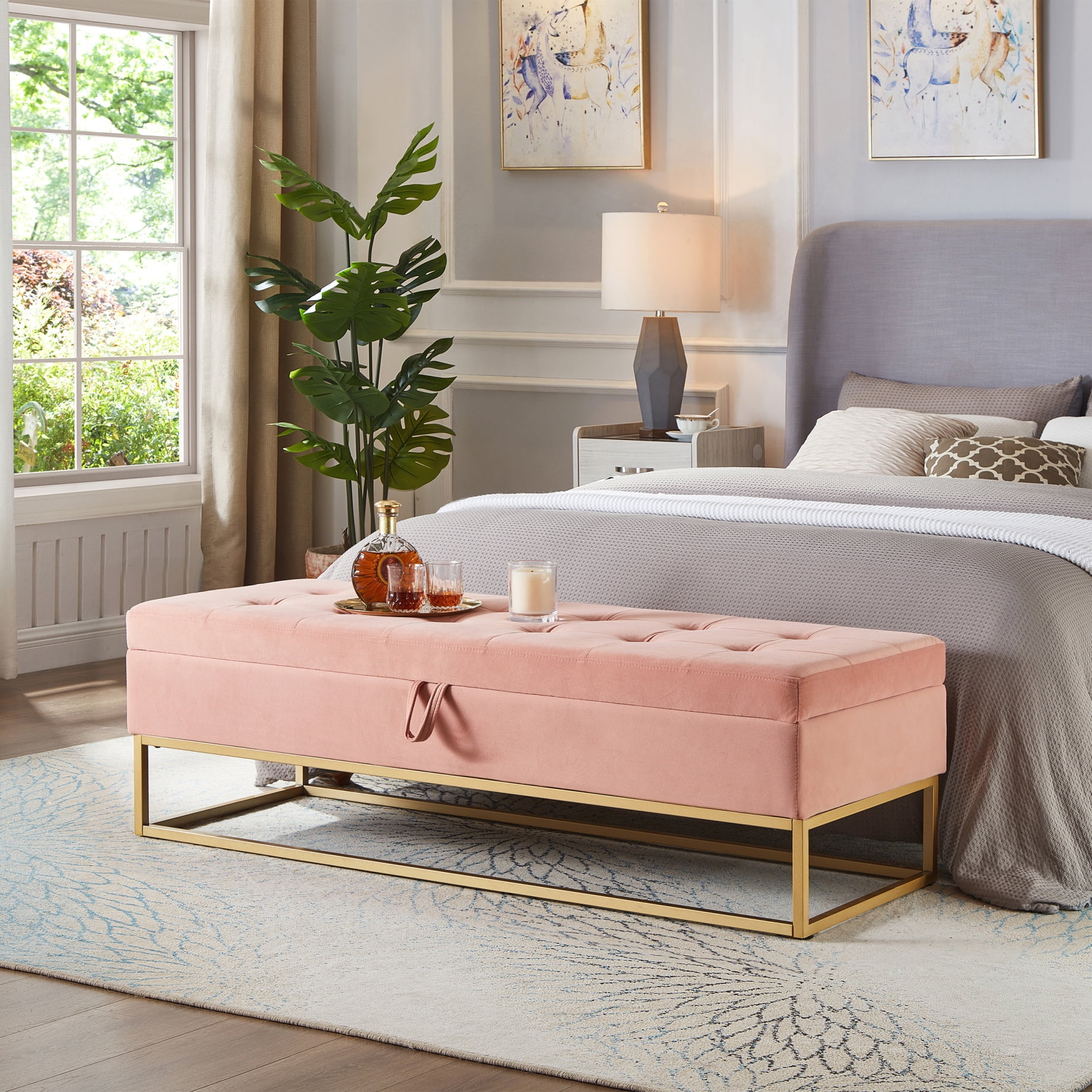 58.6 End of Bed Bench with Metal Base Tufted Upholstered Bedroom Ottoman Bench Seat Velvet Storage Bench with Flip Top Pink Walmart Business Supplies