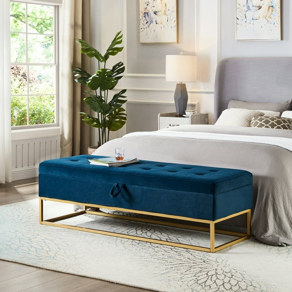 58.6" Living Room Functional Bench In Navy Blue Velvet With Storage Option Bed End Organizer - Keep Your Bedroom Tidy