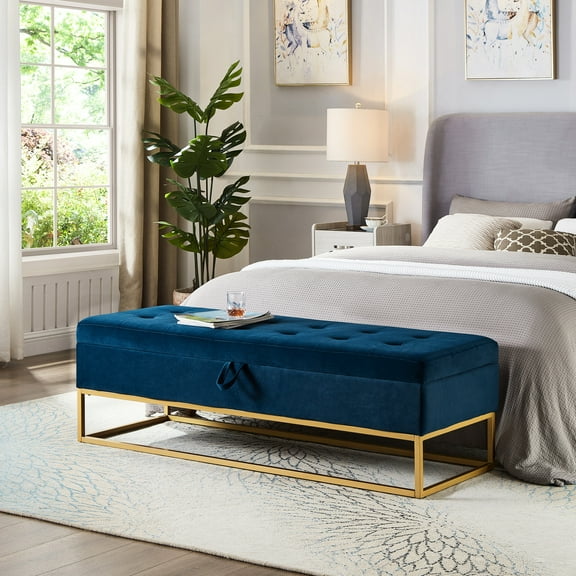 58.6" Side Storage Bench In Navy Blue Velvet - Practical And Elegant Contemporary With Fits Small Spaces Perfectly