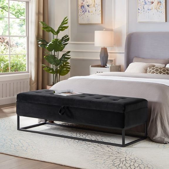 58.6" Storage Ottoman in Black Velvet | Contemporary Design for Modern Interiors | High Weight Capacity of 500lbs
