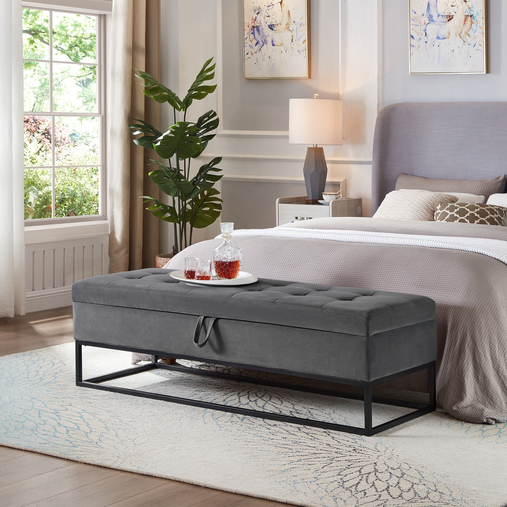 Velvet End of Bed Bench with Metal Base, Tufted Upholstered
