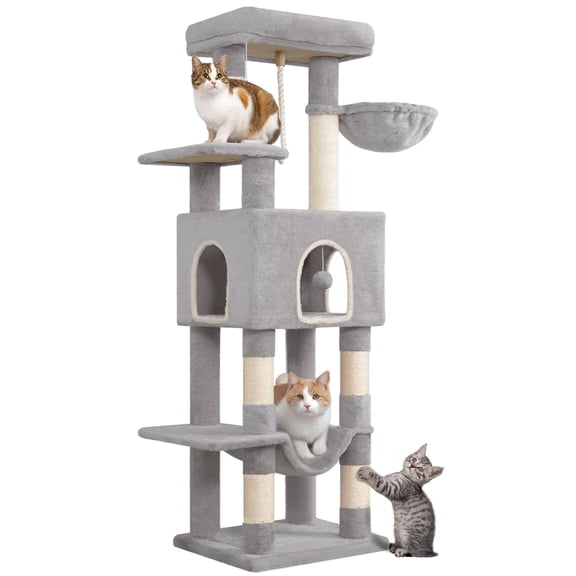Cat Tree 58.7" for Indoor, Multi-Level Cat Tower with Scratching Posts, Hammock and Cave, Light Grey