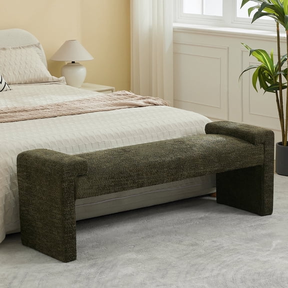 58.7" End of Bed Bench,Upholstered Modern Bedroom Bench for Living Room & Entryway, Easy Assembly, Footrest Ottoman Accent Window Bench with Solid Wood Frame & Curved Arm, Green