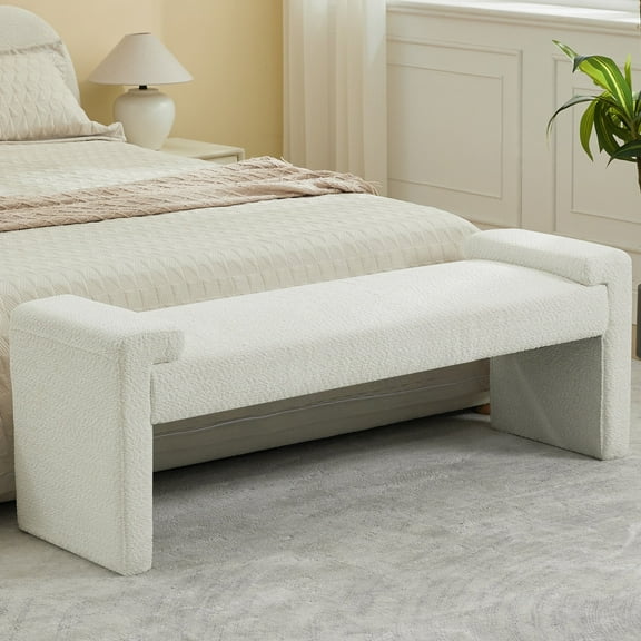 58.7" End of Bed Bench,Upholstered Modern Bedroom Bench for Living Room & Entryway, Easy Assembly, Footrest Ottoman Accent Window Bench with Solid Wood Frame & Curved Arm, White