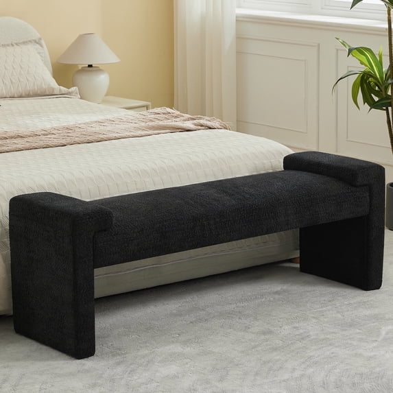 58.7" End of Bed Bench,Upholstered Modern Bedroom Bench for Living Room & Entryway, Easy Assembly, Footrest Ottoman Accent Window Bench with Solid Wood Frame & Curved Arm, Black