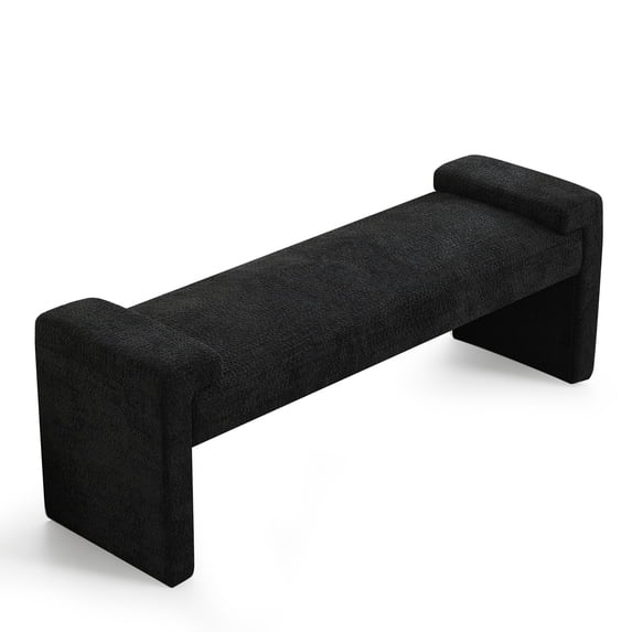 58.7" Linen End of Bed Bench Upholstered Modern Bedroom Bench for Living Room & Entryway,Footrest Ottoman Accent Window Bench with Solid Wood Frame & Curved Arm, Black