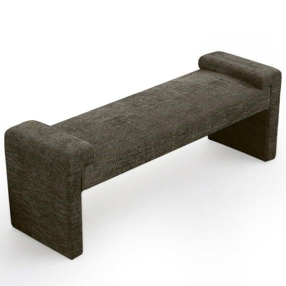 58.7" Linen End of Bed Bench Upholstered Modern Bedroom Bench for Living Room & Entryway,Footrest Ottoman Accent Window Bench with Solid Wood Frame & Curved Arm, Brown