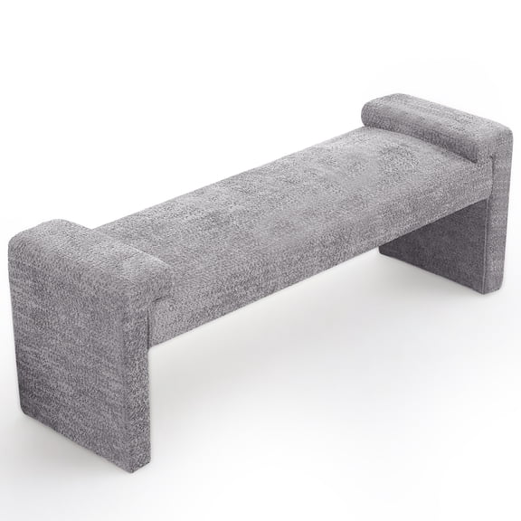 58.7" Linen End of Bed Bench Upholstered Modern Bedroom Bench for Living Room & Entryway,Footrest Ottoman Accent Window Bench with Solid Wood Frame & Curved Arm, Gray