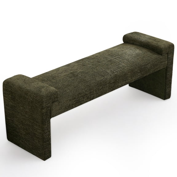 58.7" Linen End of Bed Bench Upholstered Modern Bedroom Bench for Living Room & Entryway,Footrest Ottoman Accent Window Bench with Solid Wood Frame & Curved Arm, Green
