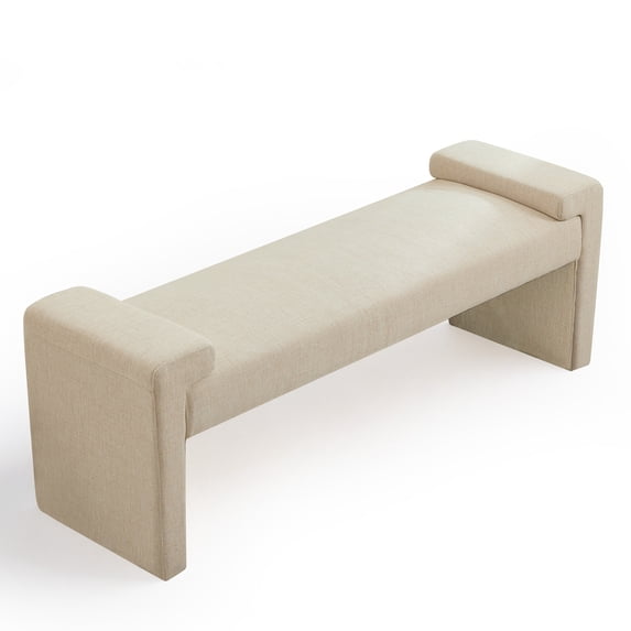 58.7" Linen End of Bed Bench Upholstered Modern Bedroom Bench for Living Room & Entryway,Footrest Ottoman Accent Window Bench with Solid Wood Frame & Curved Arm, Tan