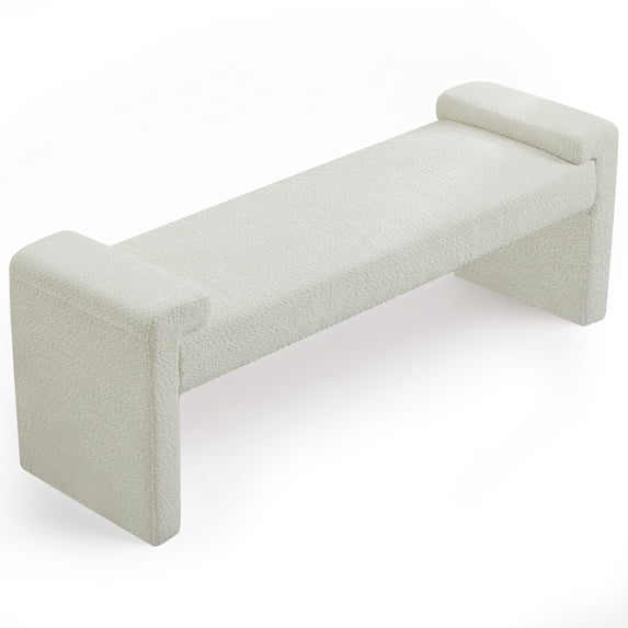58.7" Linen End of Bed Bench Upholstered Modern Bedroom Bench for Living Room & Entryway,Footrest Ottoman Accent Window Bench with Solid Wood Frame & Curved Arm, White