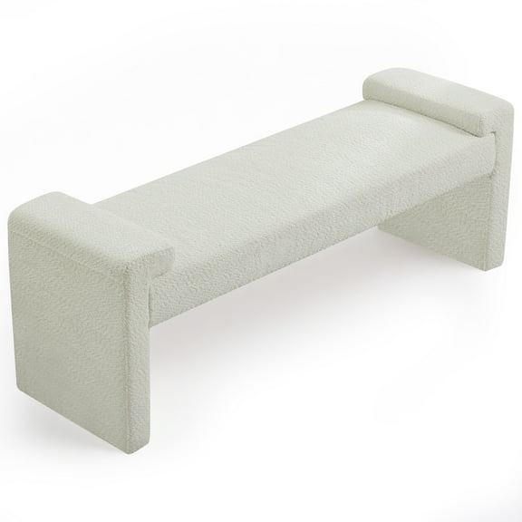 58.7" Linen End of Bed Bench Upholstered Modern Bedroom Bench for Living Room & Entryway,Footrest Ottoman Accent Window Bench with Solid Wood Frame & Curved Arm, White