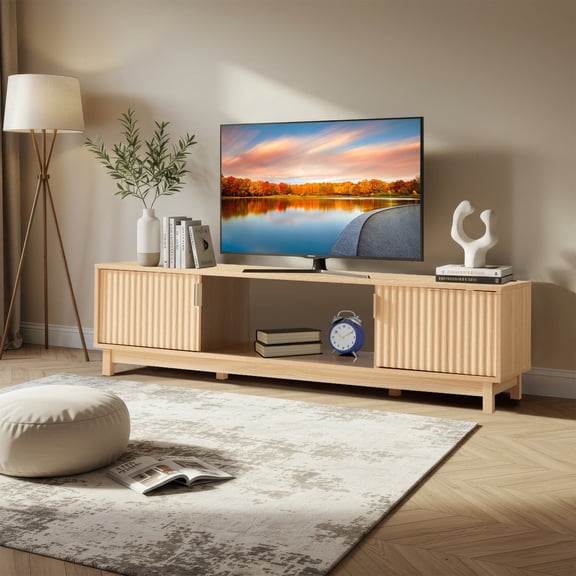 U-HOMY 58/70 in Modern TV Stand, Wood Grain Entertainment Center with Fluted Doors, Storage Console for 65/75 in TVs