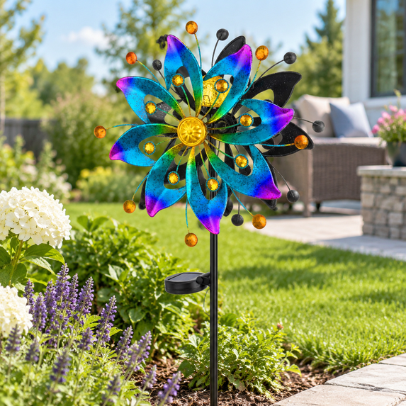 58.8 Inch Solar Wind Spinner, Blue & Purple Metal Outdoor Garden Yard ...