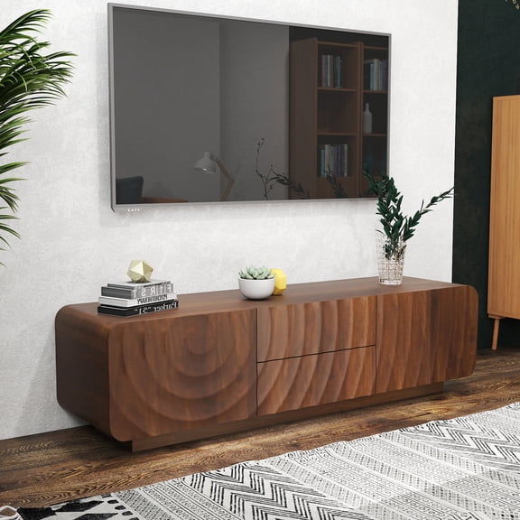 BFJDM 58" Black Mid-Century Modern TV Console, Storage TV Stand with 2 Drawers & Water Ripple Door Panels, Sideboard Buffet for Home
