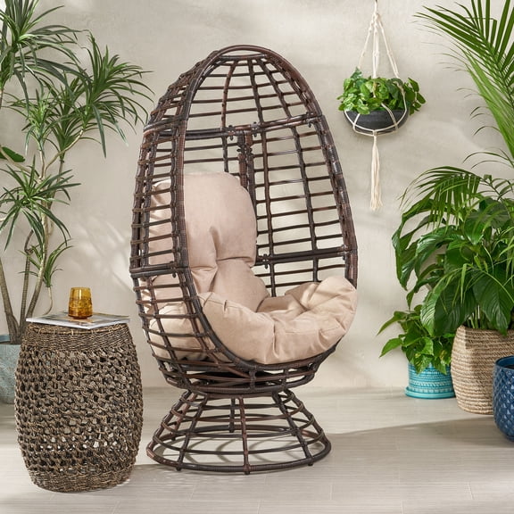 58" Black Swivel Egg Chair - Outdoor Wicker Hanging Chair with Cushion (30.5"W x 28"D x 58"H)