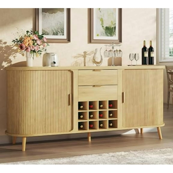 58" Buffet Cabinet with Storage, Fluted Wine Bar Cabinet with Drawers & Adjustable Shelves, Mid-Century Modern Buffet Sideboard with 12 Wine Racks for Kitchen Living Room, Natural Oak