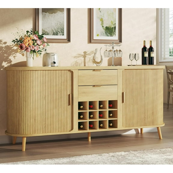 58" Buffet Cabinet with Storage, Fluted Wine Bar Cabinet with Drawers & Adjustable Shelves, Mid-Century Modern Buffet Sideboard with 12 Wine Racks for Kitchen Living Room, Natural Oak
