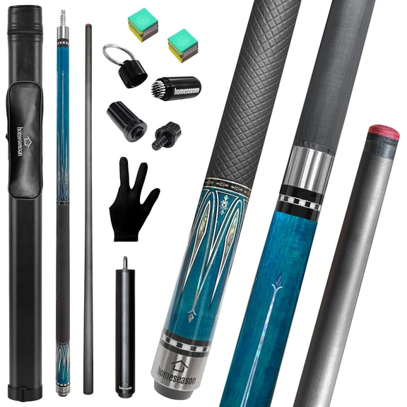 58" Carbon Fiber Pool Cue Stick with Screw-in Extension and Leather Case,19oz Low Deflection Cue Stick, 3 * 8/8Joint Pin, Billiard Cue Sticks SetBlue)