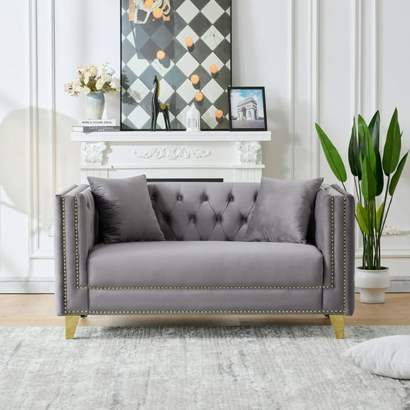 58"Chesterfield Velvet Sofa,2 Seater Deep Seat Sofa,Modern Sofa with Button Nailhead,Square Arm Couches,Furniture for Living Room,Bedroom,Office(Grey)