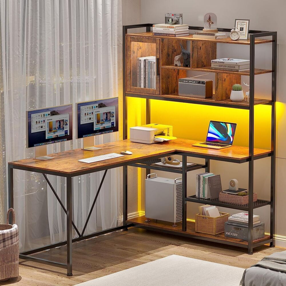 Rustic Brown and Black L-Shaped Computer Desk with Shelves and LED Lighting