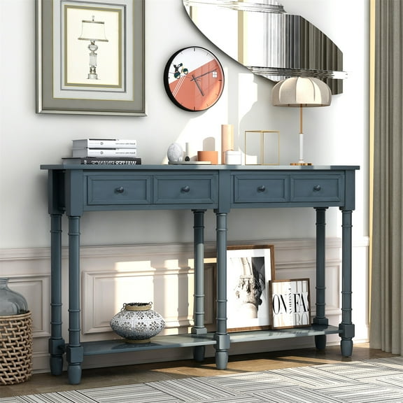 58" Console Table with 2 Drawers and Bottom Shelf, Wooden Narrow Buffet Sideboard with Metal Handle Vintage Entryway Display Storage Cabinet Accent Sofa Table for Living Room Kitchen, Antique Navy