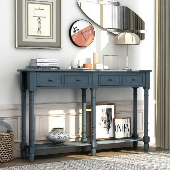 58" Console Table with Two Drawers and Bottom Shelf, Farmhouse Long Sofa Table with Solid Wood Legs, Storage Cabinet Sideboard Table for Entryway Living Room Hallway, Easy Assembly, Antique Navy