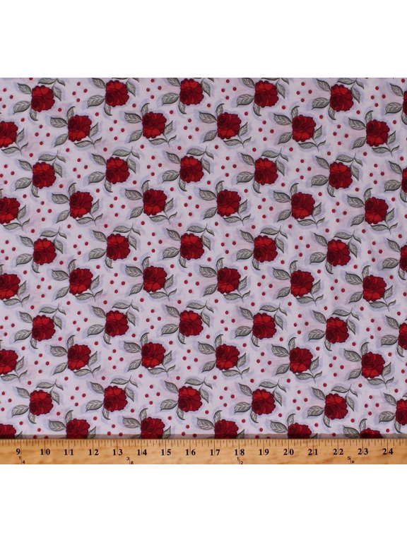 58" Cotton Blend Tossed Roses Rose Flowers Floral and Dots on White Lightweight Jersey T-shirt Knit Fabric Print by the Yard (4108F-7A)