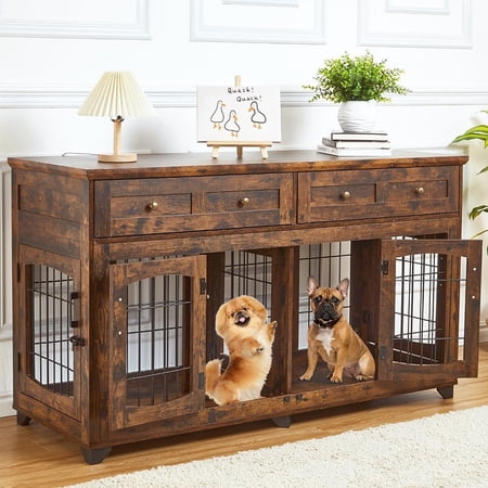 58" Dog Crate Furniture with 5 Doors, Adjustable Divider & Storage Drawers – Durable Wooden Indoor Kennel & Rustic Brown End Table for Small to Large Dogs