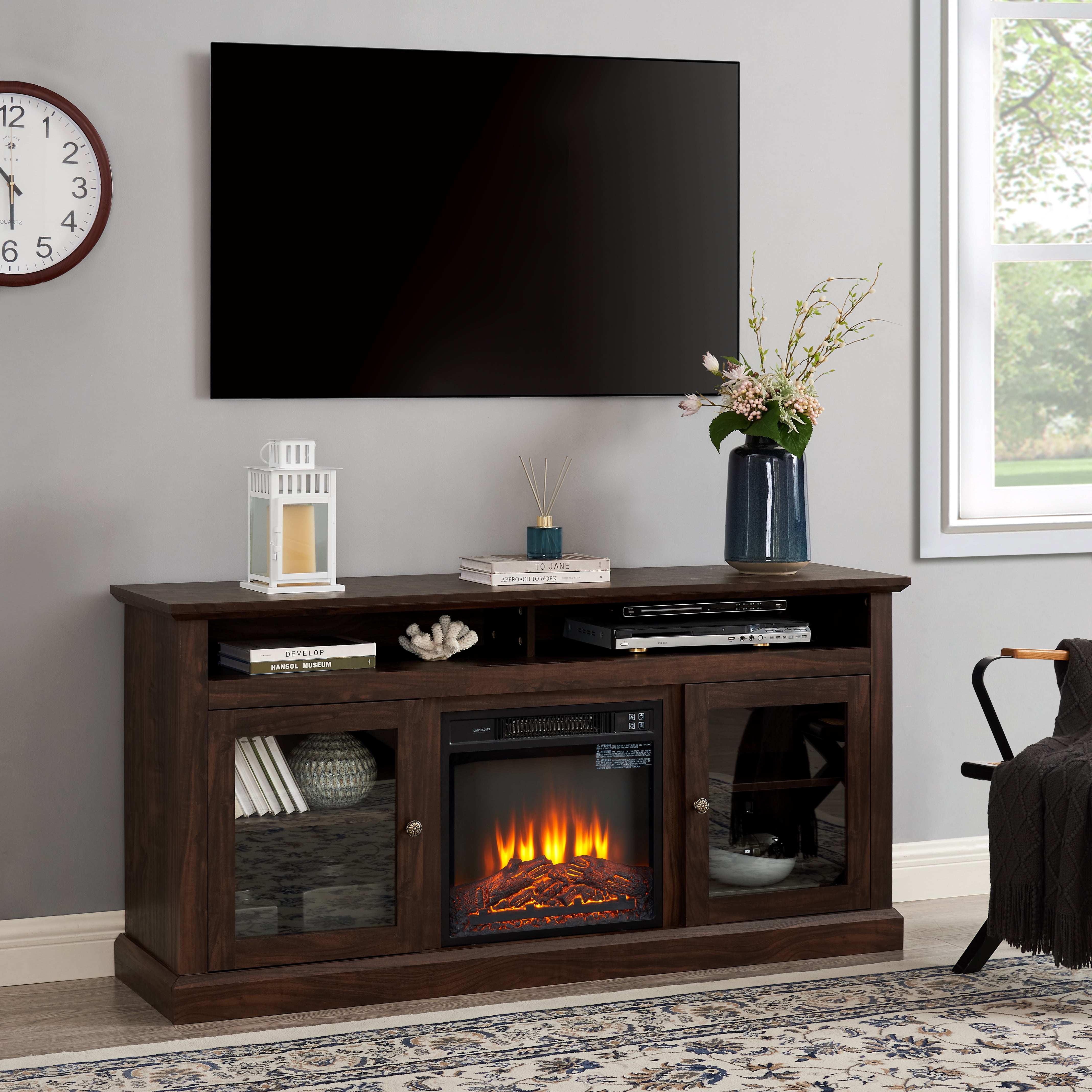 58 Electric Fireplace Heater TV Stand for 65 TVs, Wood Fake Fireplace  Heater, Brown Electric Fireplace Entertainment Center with Doors and  Adjustable Shelf, TE1055 - Walmart.com