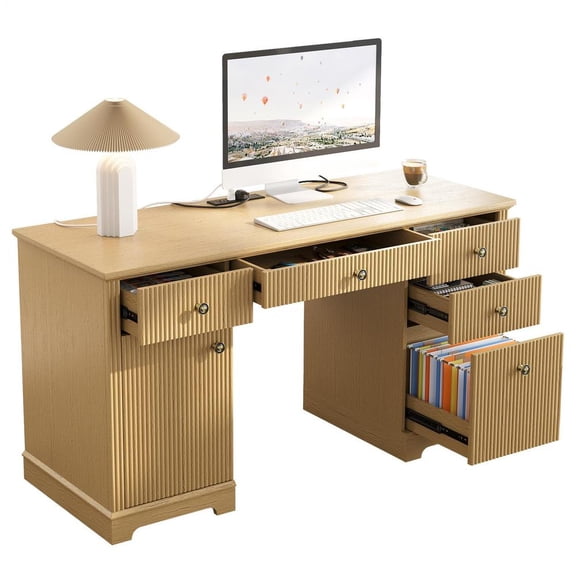 58" Executive Desk with Charging Station & File Drawer, Modern Fluted Home Office Desk with 5 Drawers & Keyboard Tray, Large Computer Writing Desk, Natural Oak
