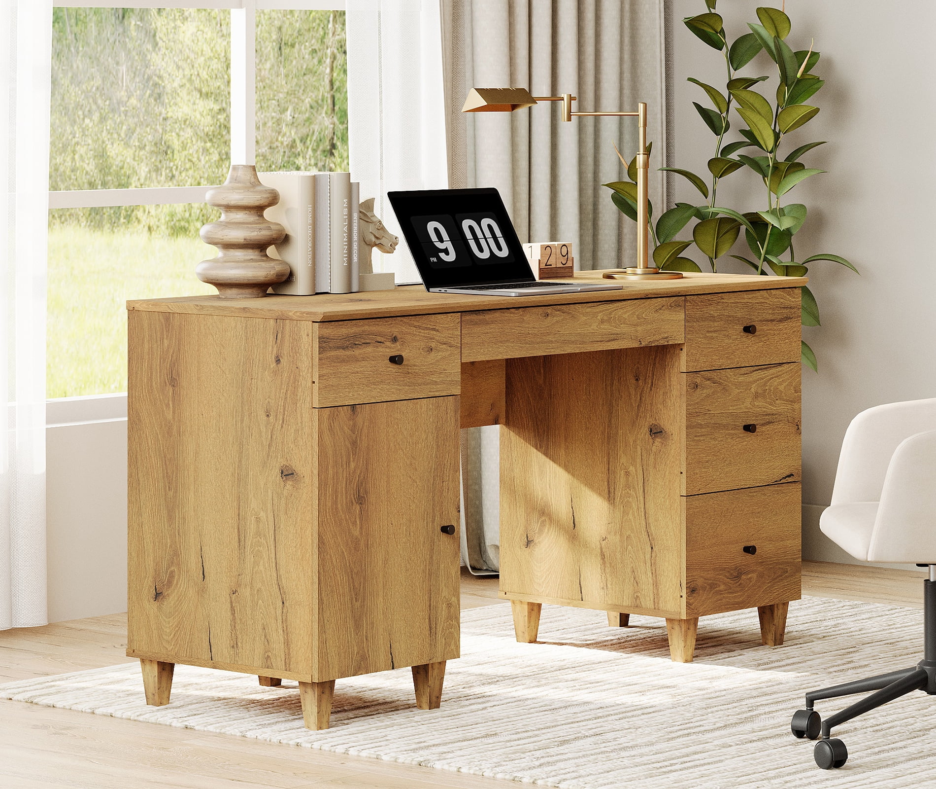 58" Executive Desk with 5 Drawers and 1 Door, Modern Farmhouse Home Office Computer Table with Charging Station, Oak Brown
