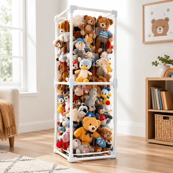 58" Extra Large Vertical Stuffed Animal Storage Organizer, Holds 80+ Plushies, White