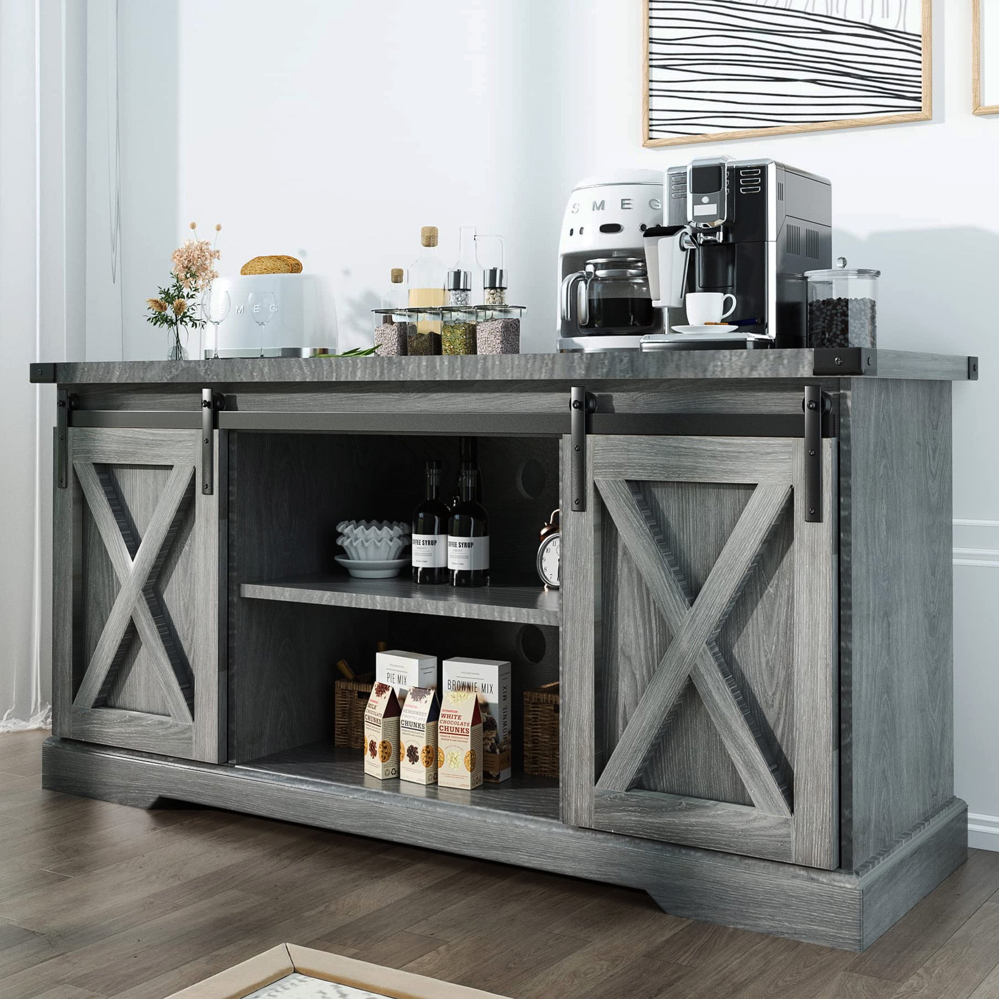  YITAHOME Kitchen Buffet Cabinet, 60“ Farmhouse Sliding Barn Door  Coffee Bar Sideboard Buffet Cabinet with Capacity 300 lbs for Home Kitchen  Dinning Living Room, Grey White/Grey Wash : Everything Else