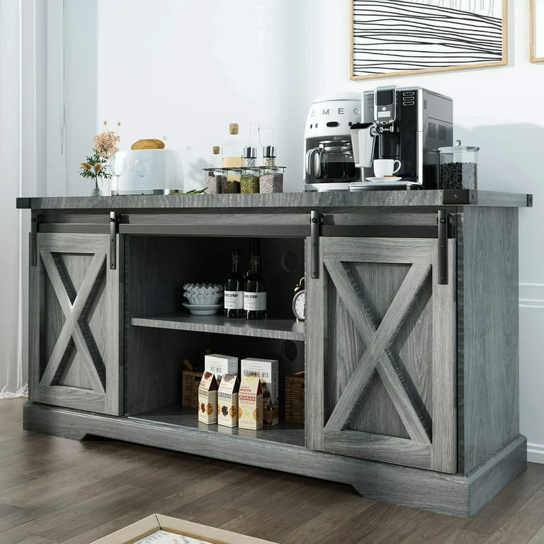 58 Farmhouse Coffee Bar Cabinet with Sliding Barn Door, Heavy Duty  Sideboard Buffet Cabinet Kitchen Storage(Grey) 