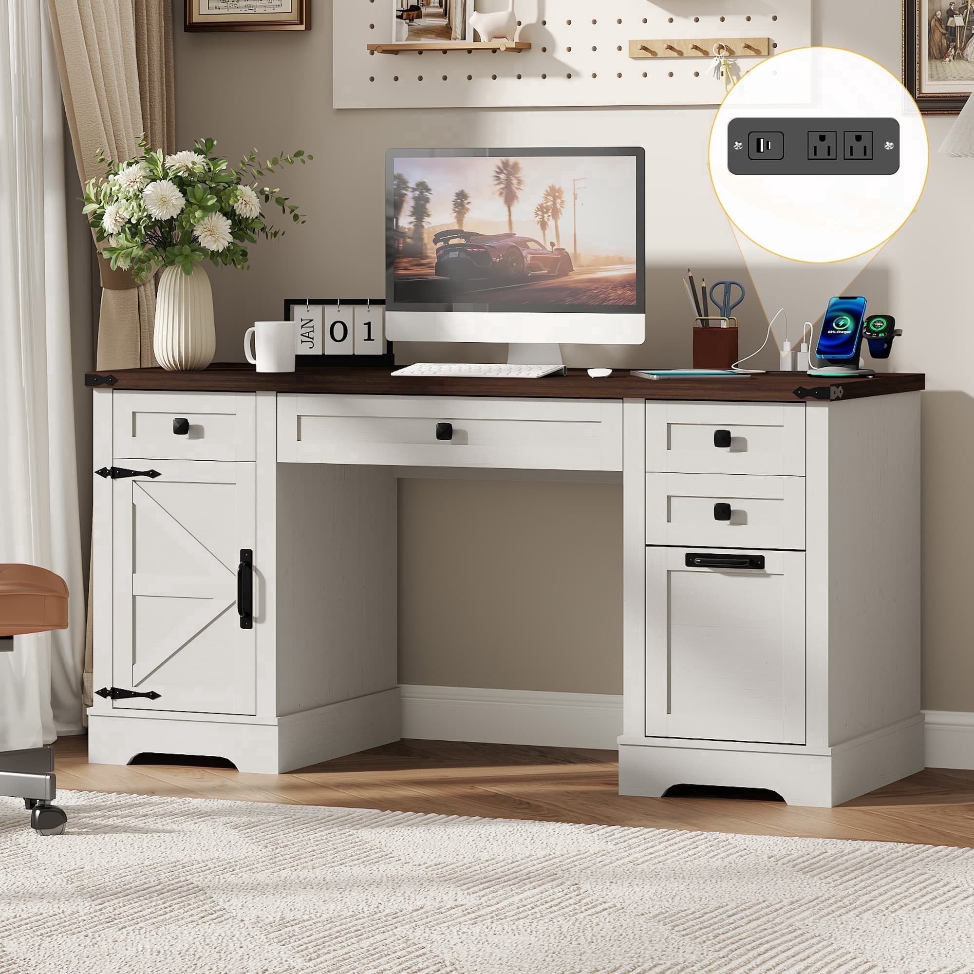 58" Farmhouse Executive Desk with 4 Drawers & Charging Station, Office Computer Desk with File Drawer, Rustic Wooden Study Desk Workstation for Home Office