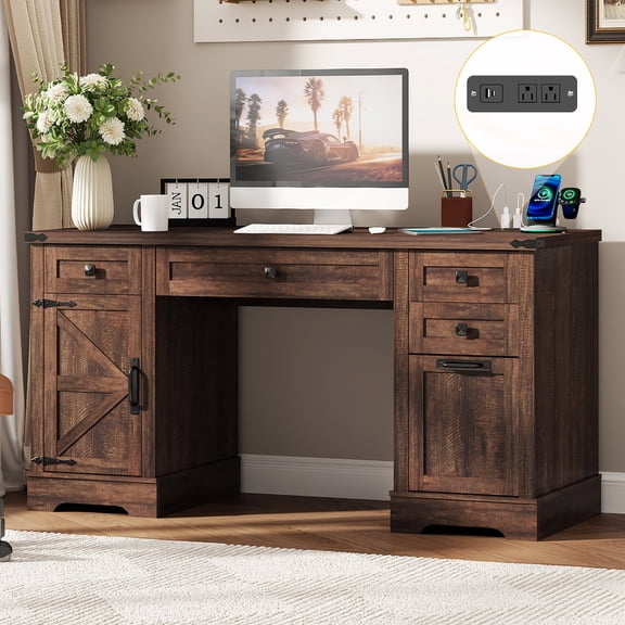 58" Farmhouse Executive Desk with 4 Drawers & Charging Station, Office Computer Desk with File Drawer, Rustic Wooden Study Desk Workstation for Home Office