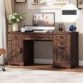 thumbnail image 1 of 58" Farmhouse Executive Desk with 4 Drawers & Charging Station, Office Computer Desk with File Drawer, Rustic Wooden Study Desk Workstation for Home Office, 1 of 9