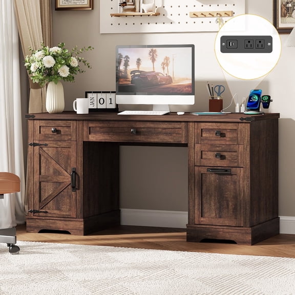 58" Executive Office Desk with Storage & Charging Station, Farmhouse Computer Desk with File Drawer & 4 Drawers, Rustic Wooden Study Desk Workstation for Home Office