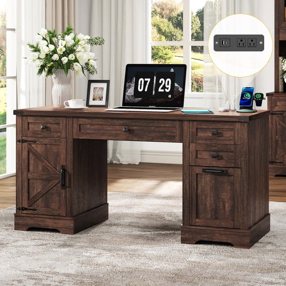 58" Farmhouse Executive Desk with 4 Drawers & Charging Station, Home Office Computer Desk with File Drawer, Rustic Wooden Study Desk Workstation