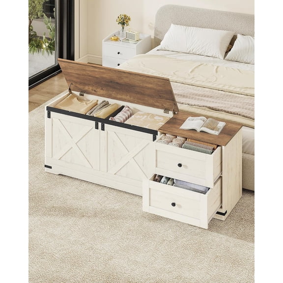 58" Farmhouse Storage Bench with Double Drawers,for Entryway,Bedroom,Antique White