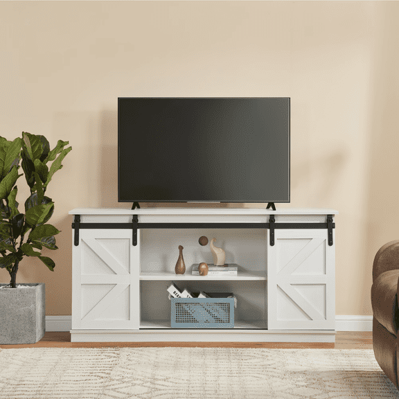 58" Farmhouse TV Stand,Entertainment Center for 65" TVs with Sliding Barn Doors and Storage Cabinets,White