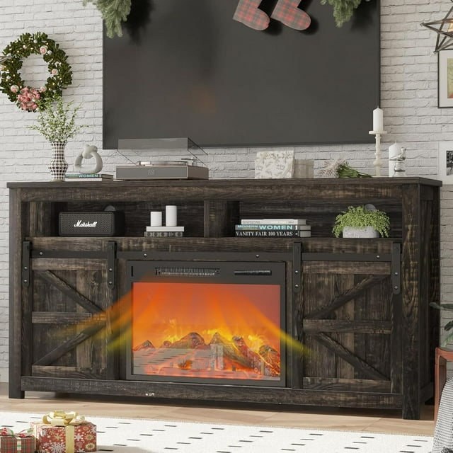 58" Farmhouse TV Stand with Fireplace, Entertainment Center w/Sliding