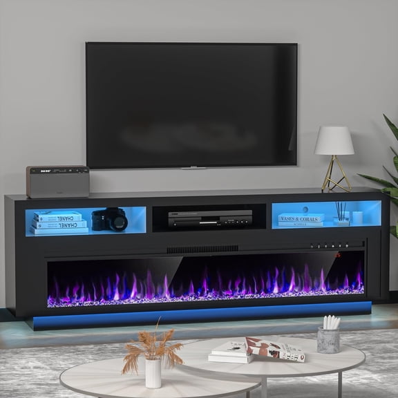 58" Fireplace TV Stand for TVs Up to 65" with 52" Electric Fireplace, TV Console for The Living Room, LED Light Entertainment Center, Storage Cabinet, Media Console Table, Black