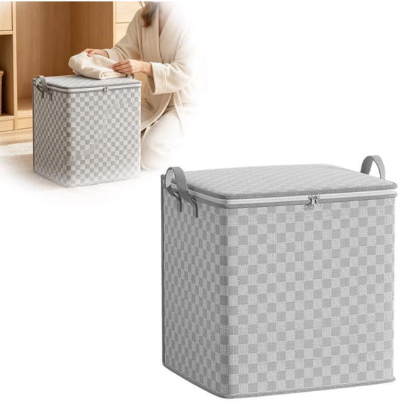 58 Gallon Jumbo Grey Checkered Foldable Storage Bin Heavy Duty Fabric Box with Handles for Comforters Pillows Moving