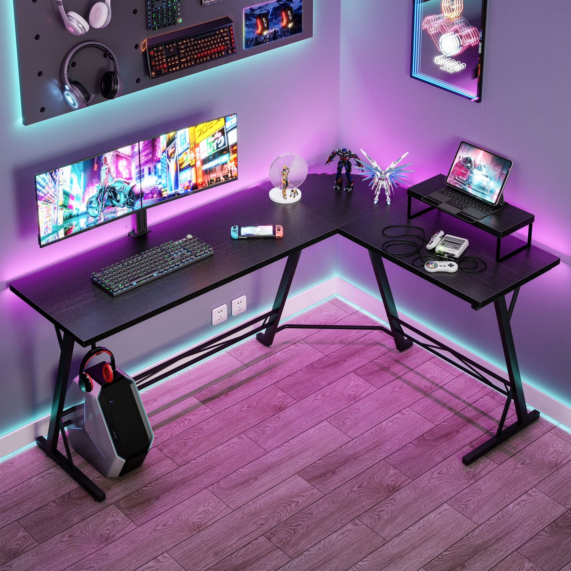 Gaming Desk 58 with LED Strip & Power Outlets, L-Shaped Computer